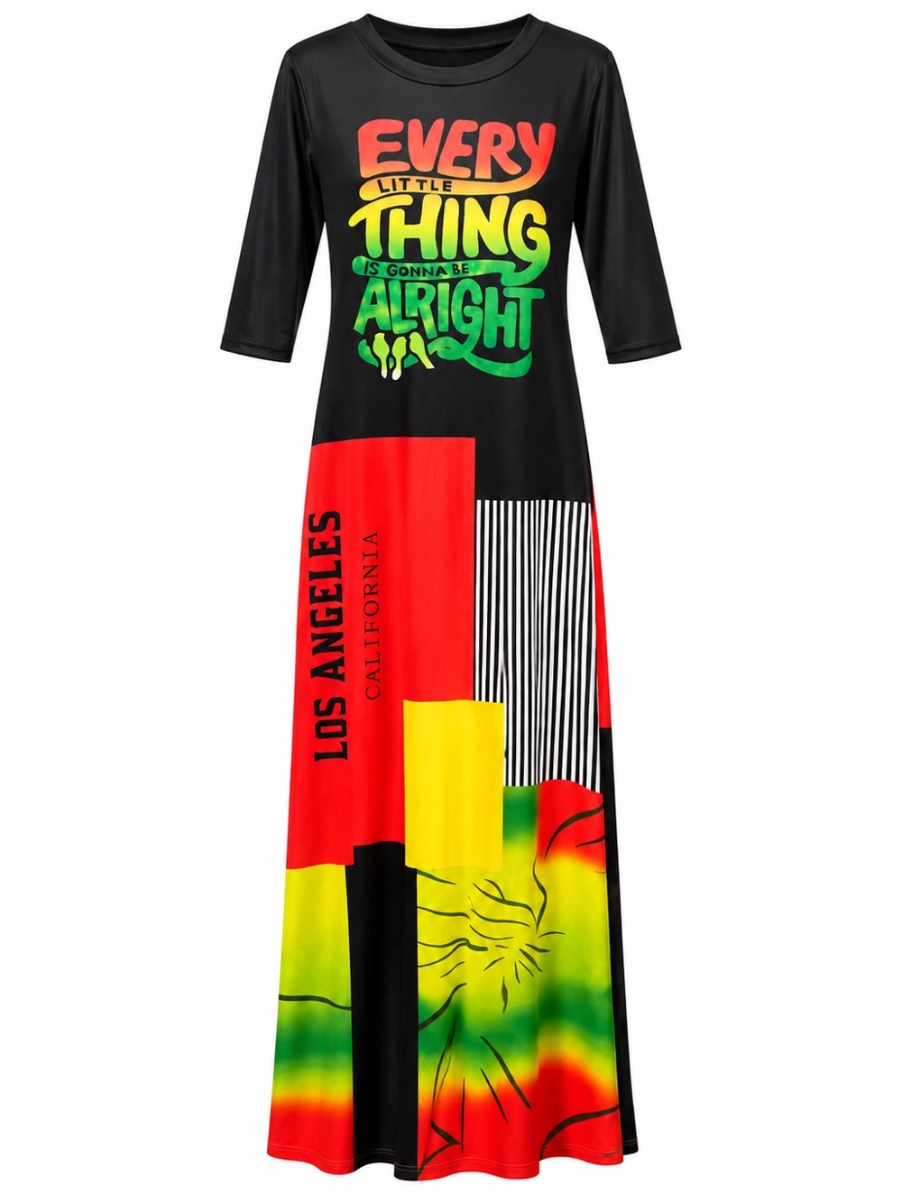 Black Multicolor Graphic Maxi Dress with Positive Slogan